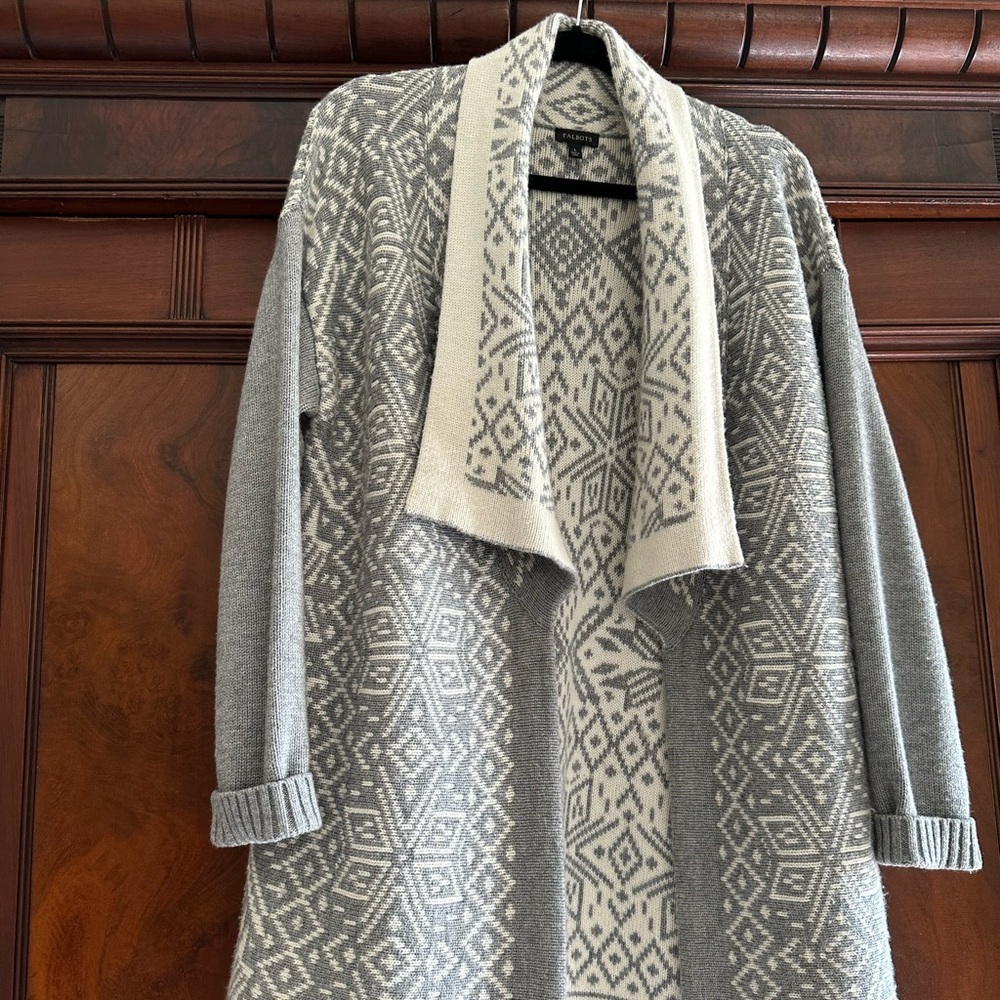 Talbots Gray and Cream Open-Front Patterned Cardigan